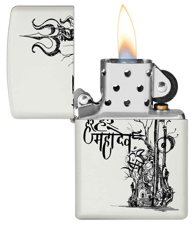 Zippo 214 Shiva's Trishul Design Lighter, White Matte Zippo Lighter, Genuine Zippo windproof Refillable lighter at Lightmen