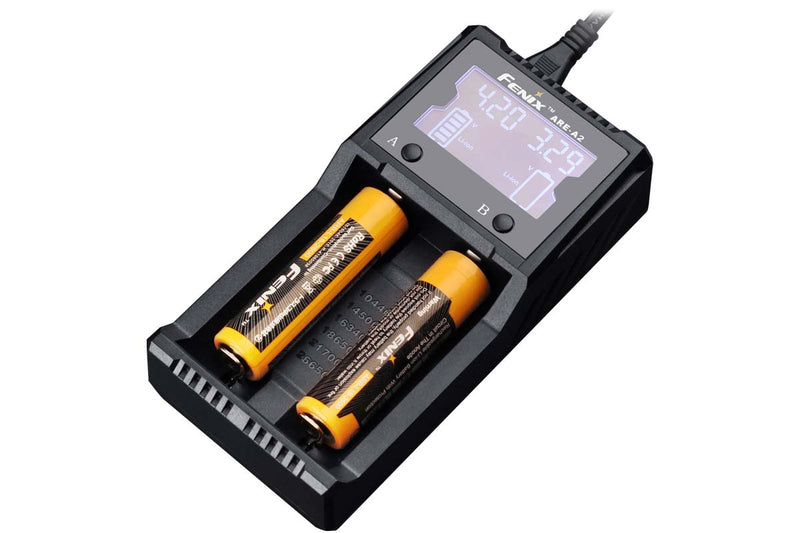 Fenix ARE A2, Two Slot Smart Charger, Rechargeable battery charger, Compatible charger to 18650, 16340, 14500 and other rechargeable AA, AAA and Lithium Ion Batteries, Charging and discharging Charger, Compact and Powerful protected Charger with LCD Screen Display